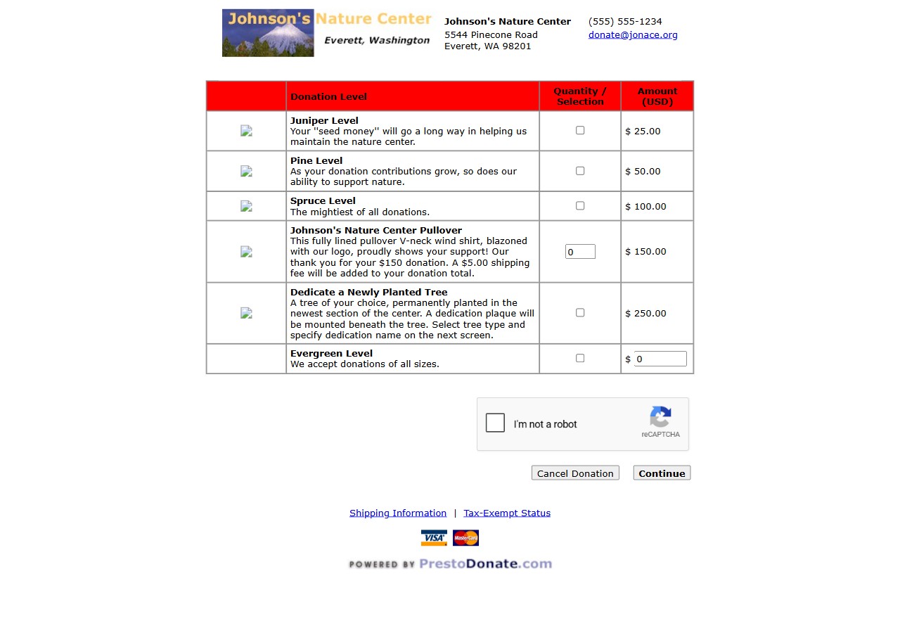 Johnson's Nature Center donation form