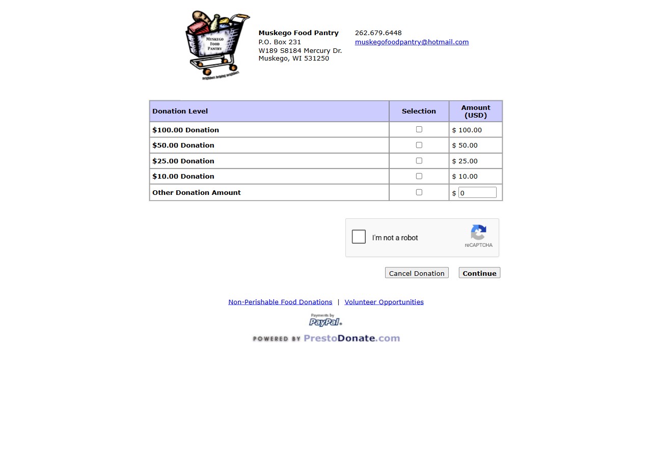 Muskego Food Pantry donation form